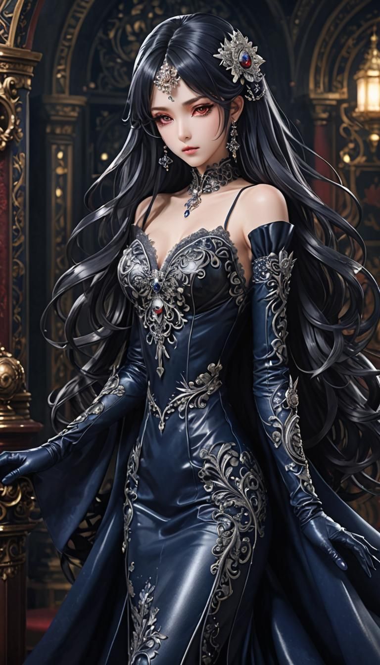 Captivating Anime Dark Lady in Midnight Blue Leather