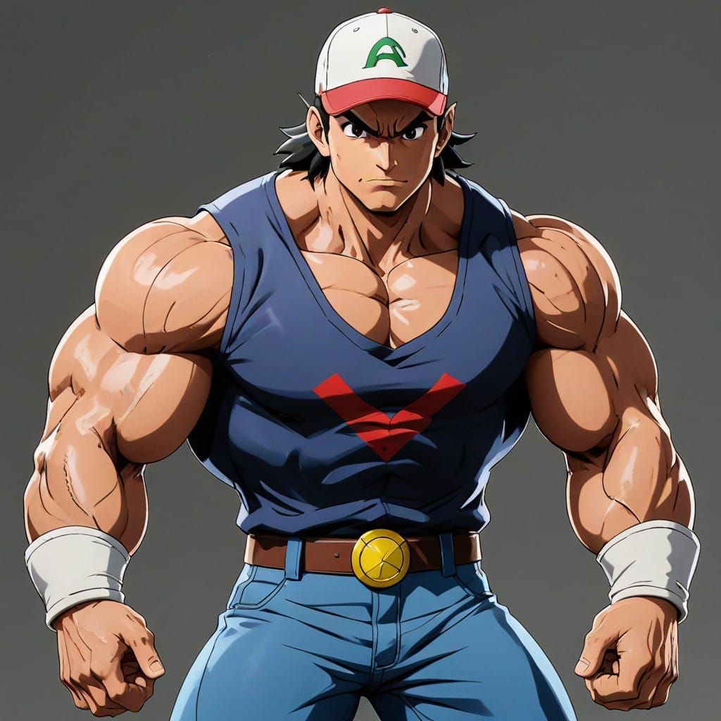 Giant Bodybuilder Ash Ketchum in Muscular Glory