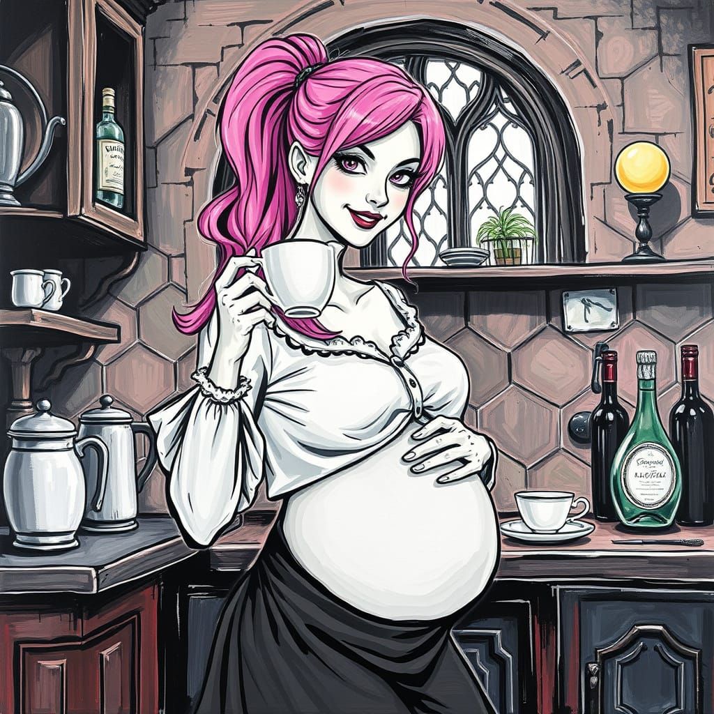 Gothic Goddess Sips Tea in Elegant Black and White Line Art