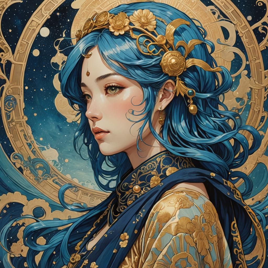 Anime Art Nouveau Woman with Blue Hair