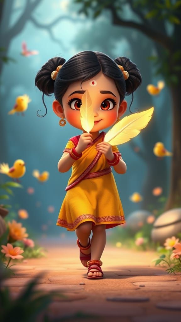 Magical Forest Adventure: Indian Girl in Cartoon Style
