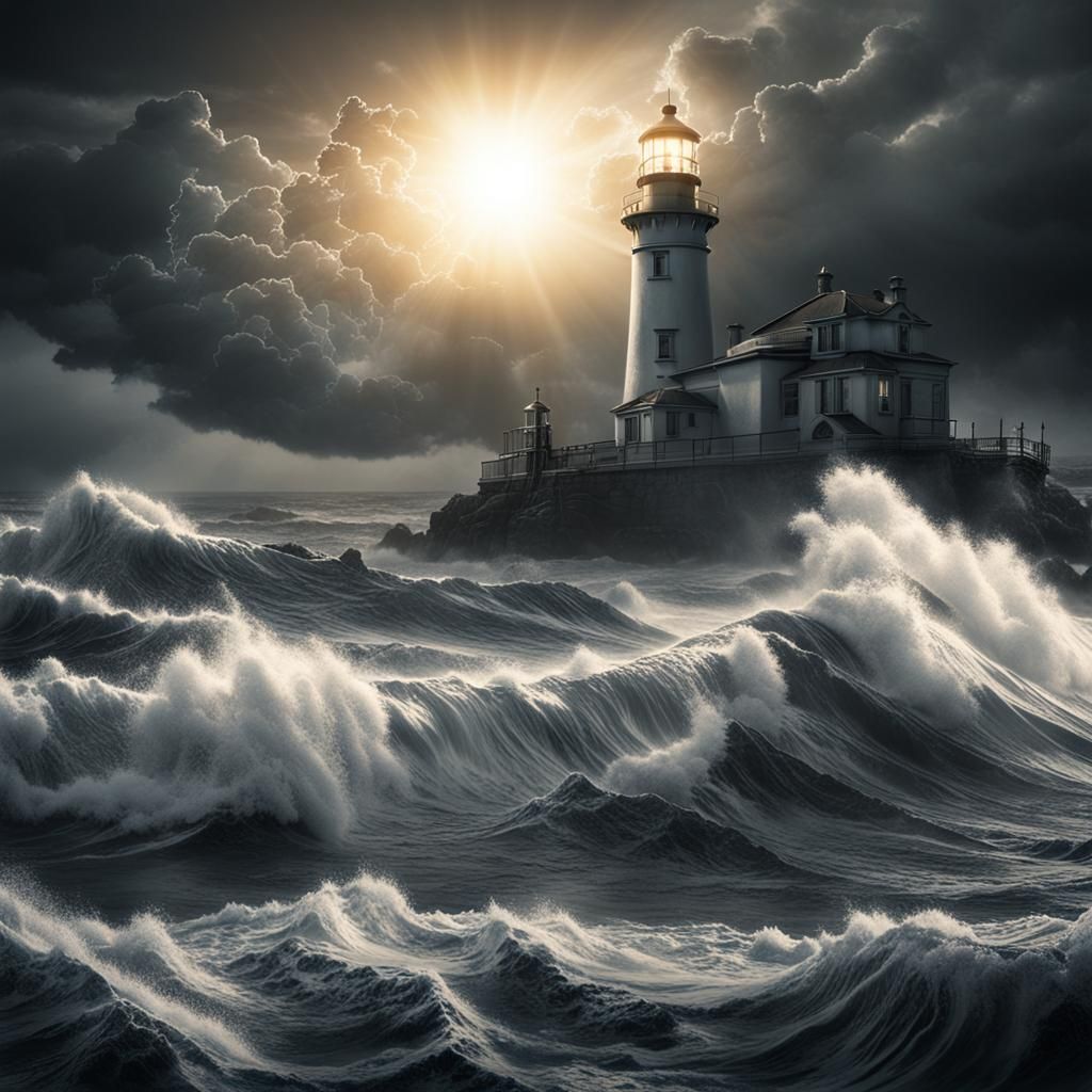 Monochrome Stormy Ocean Waves Double Exposure