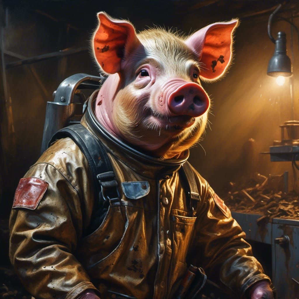 Industrial Portrait of a Pig as Oil Painting
