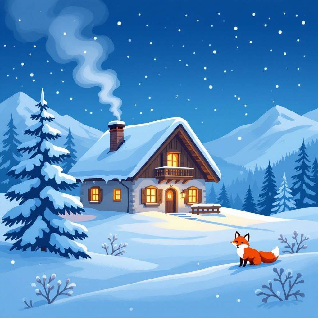 Cozy Alpine Chalet in Snowy Meadow Under Starry Sky
