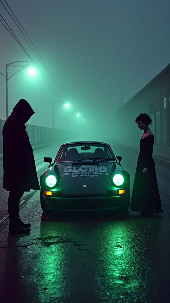 Surreal Nightscape with Hooded Figure and Graffiti Woman