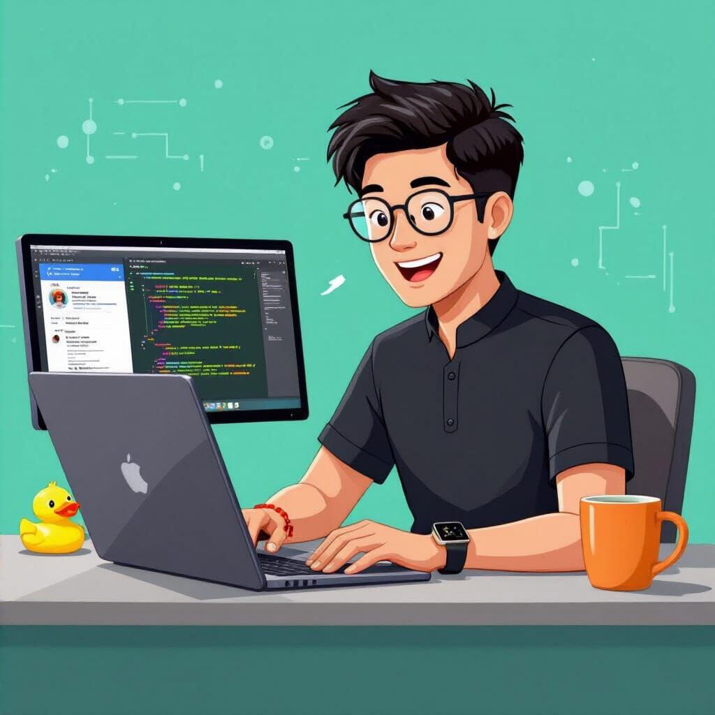 Young Man at Desk with Robot, Flat Cartoon Illustration