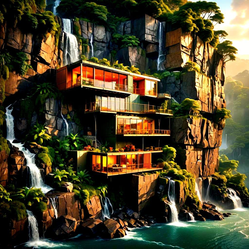 Shipping Container Home with Waterfall View