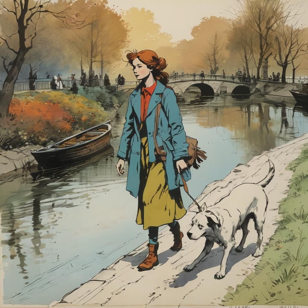 Woman Walking Dog: Colorful Line Art Illustration