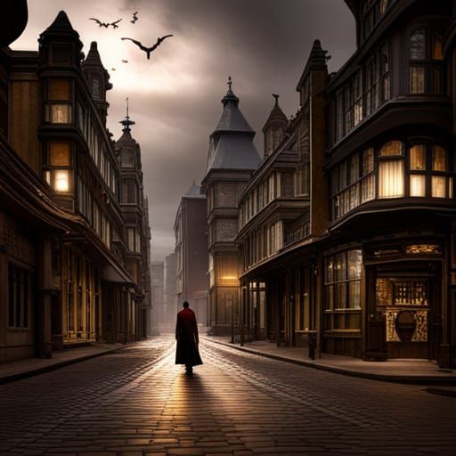 Vampire Overlord Prowling Victorian Street in Hyperrealism