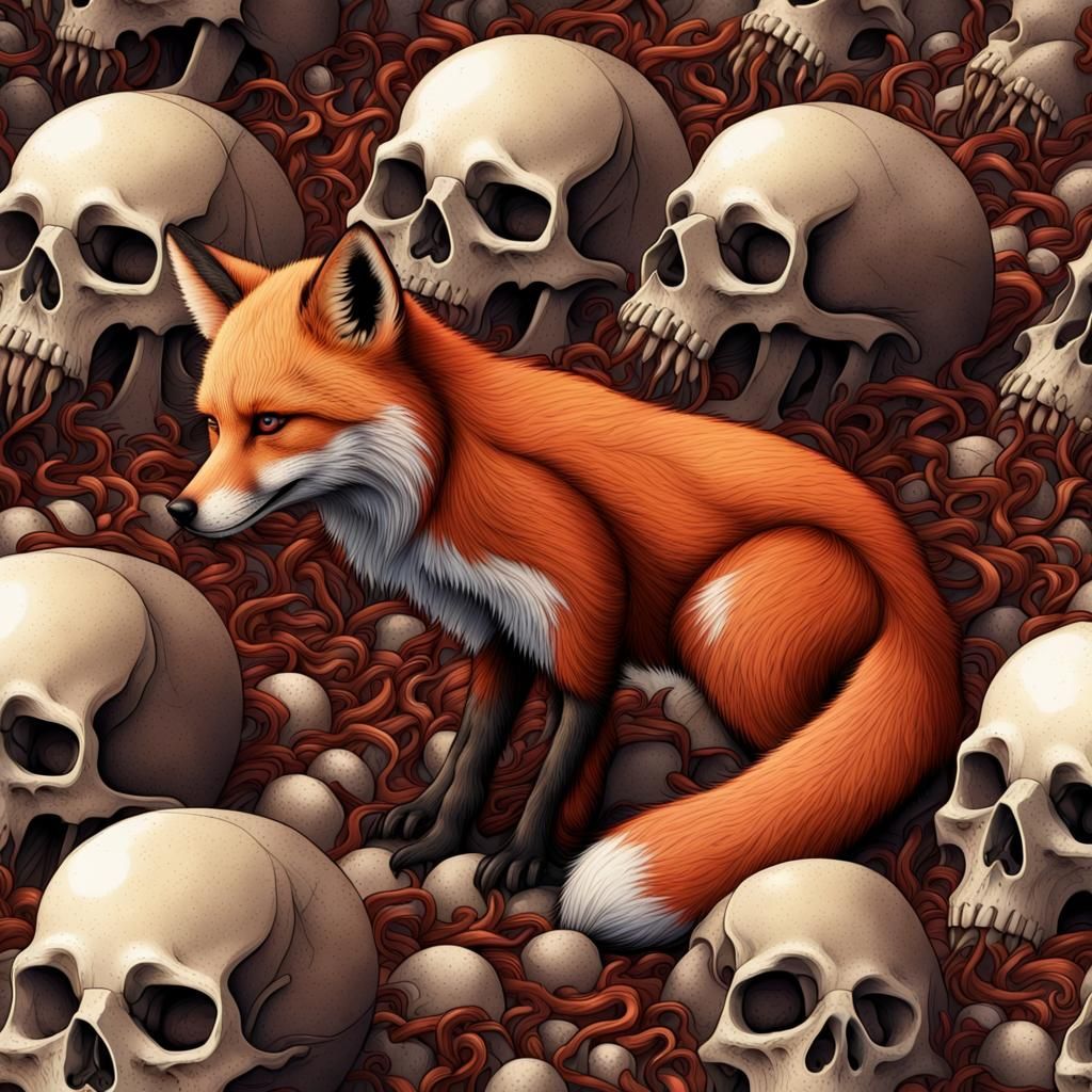 Mourning Fox Cries Over Heart in Skull Field