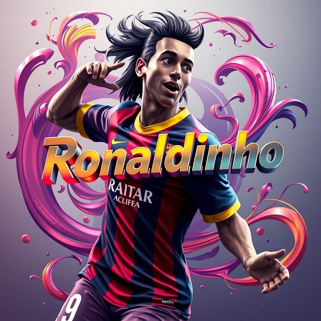 Dynamic 3D Cartoon Portrait of Ronaldinho in Barcelona Jerse...