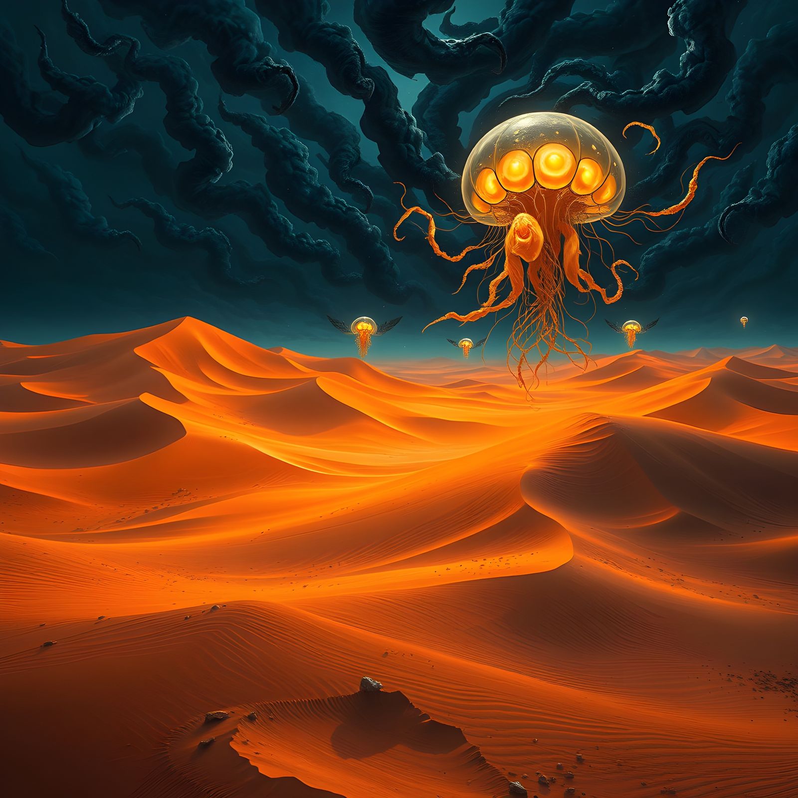 Surreal Desert Landscape with Floating Jellyfish