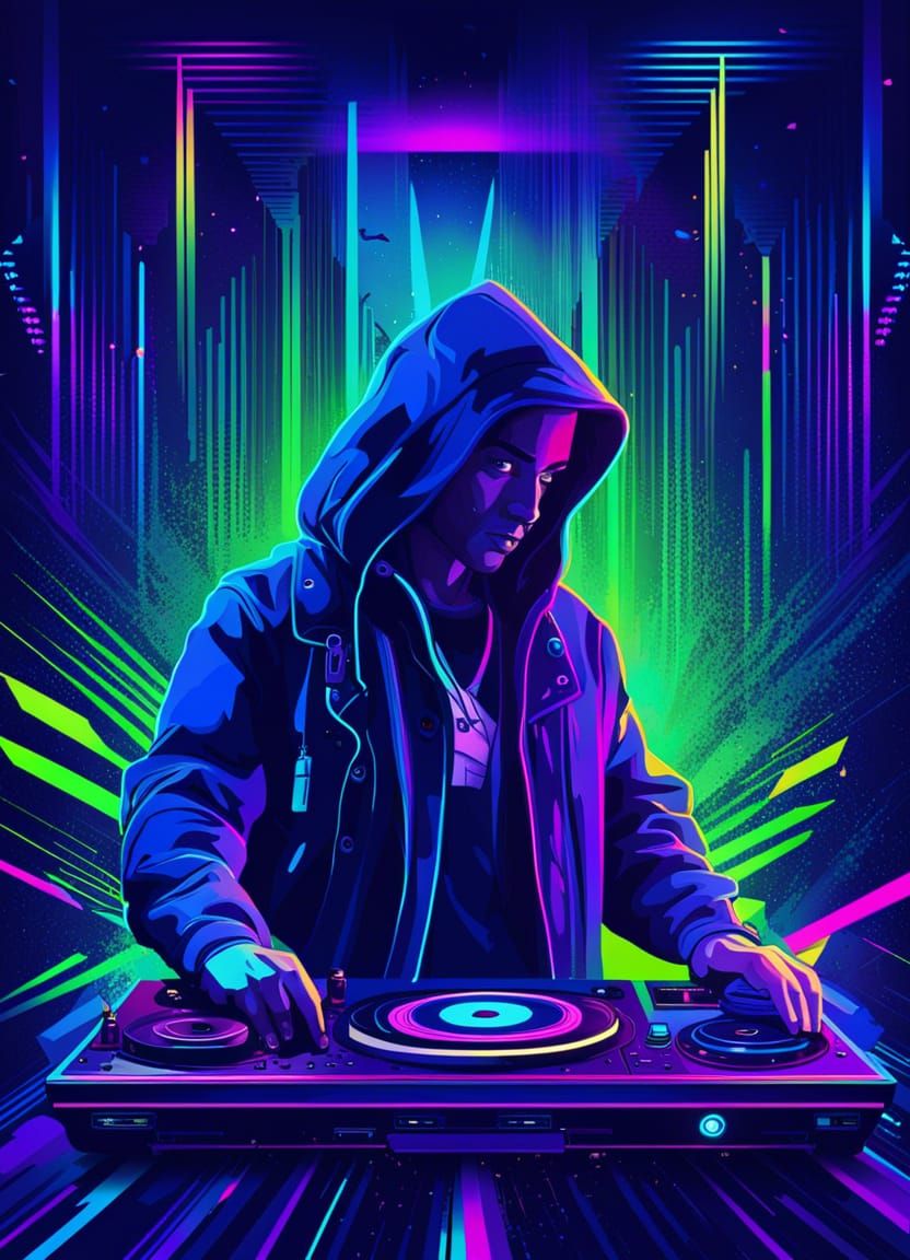 DJ Bard in Techno-Glitch Cyberpunk Style