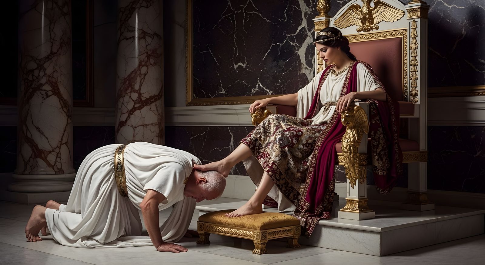 Empress Messalina on Lavish Throne, Roman Senator Kneeling
