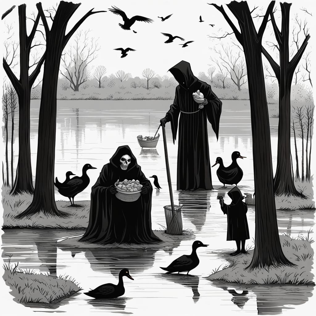 The Grim Reaper and Family Feeding Ducks