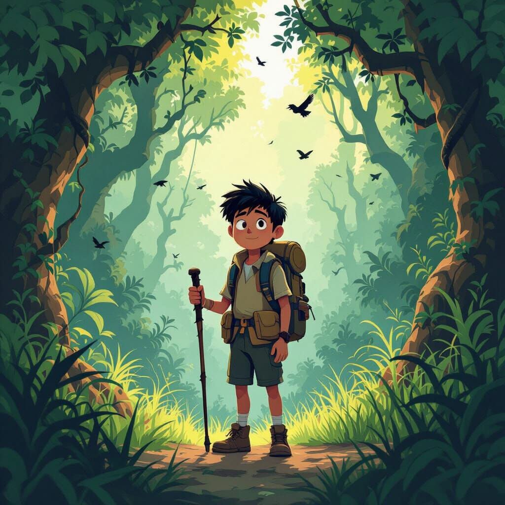 Jungle Explorer in Cartoon Style Illustration