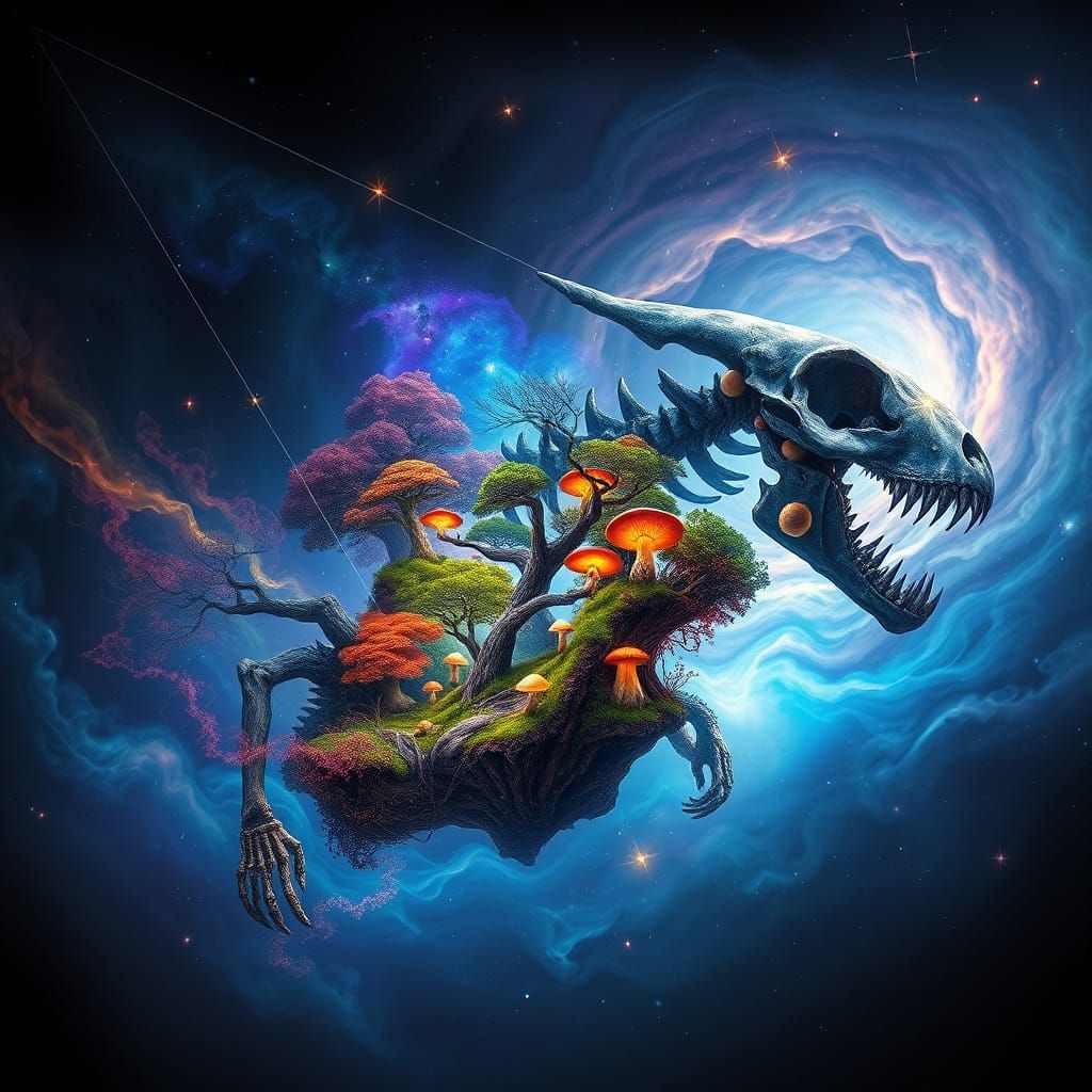 Surreal Dreamscape Inside Ancient Beast Skeleton