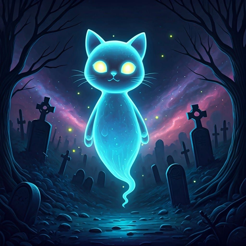 Adorable Cat Spirit in Graveyard, Pixar Style