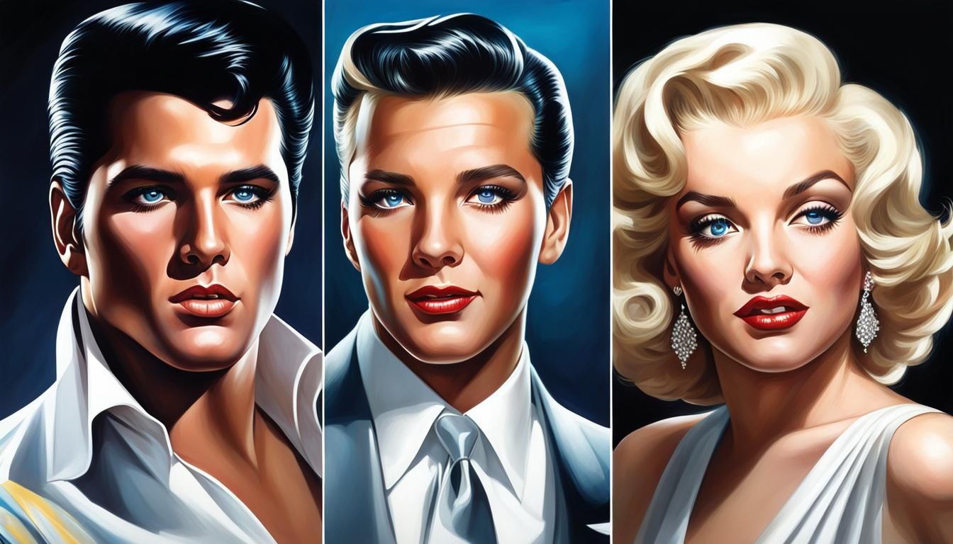 Portraits similar to Elvis Presley, Frank Sinatra, and Marilyn Monroe.