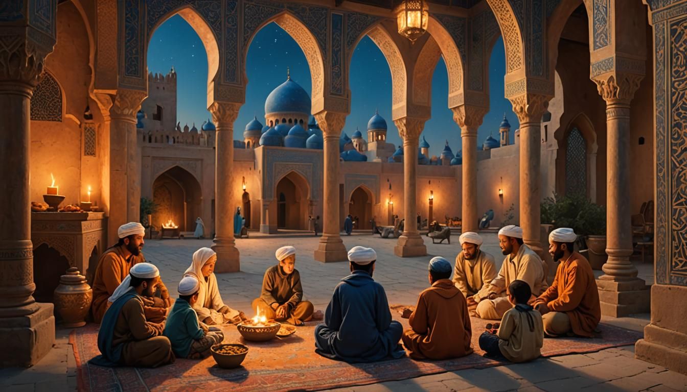 Hazrat Umar Observing Children in Candlelit Courtyard