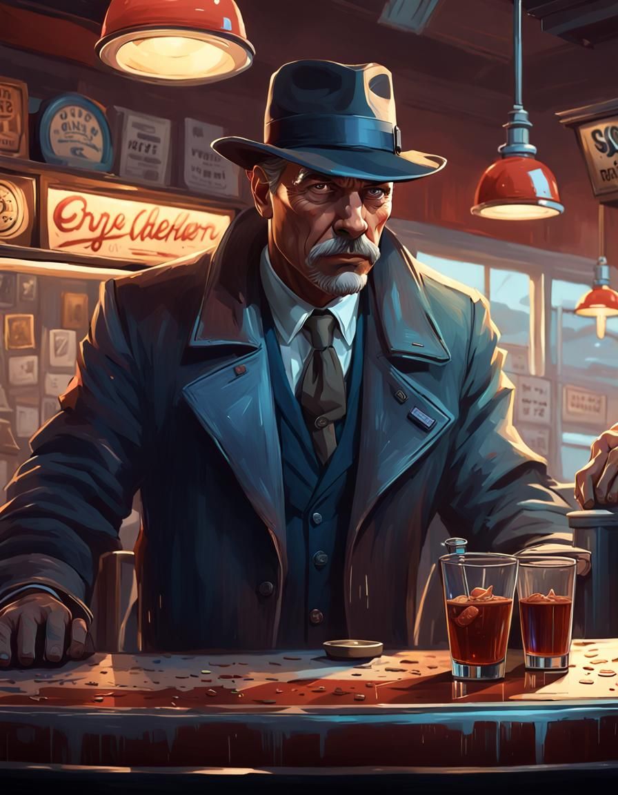 Detective Investigates Diner Crime Scene: Digital Portrait
