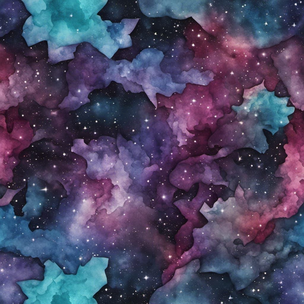 Realistic 3D Twisted Star Nebula Cloud, Torn Paper Collage, Dark Tanzanite, Cranberry, Teal, Lavender, Ink Blue Starry N...
