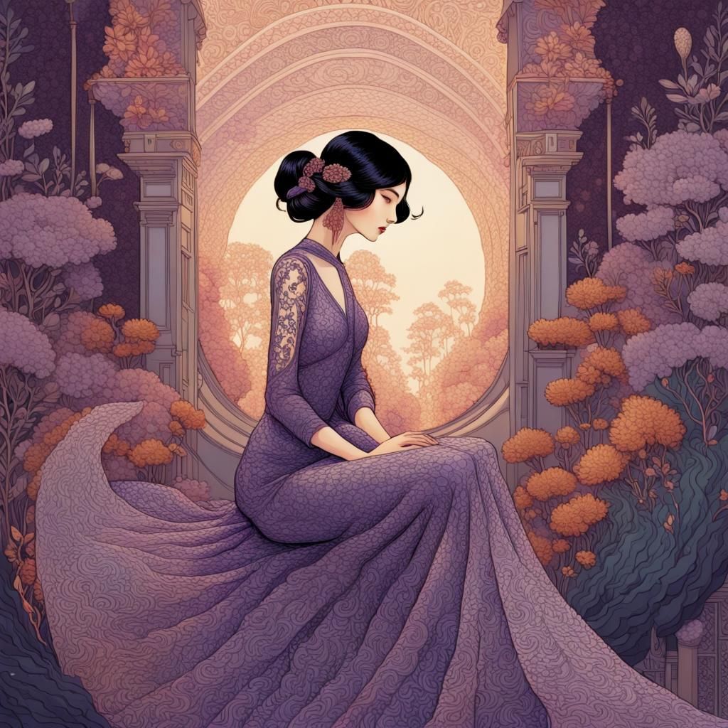 Elegant Woman in Violet Lace Dress: Ink Drawing Style