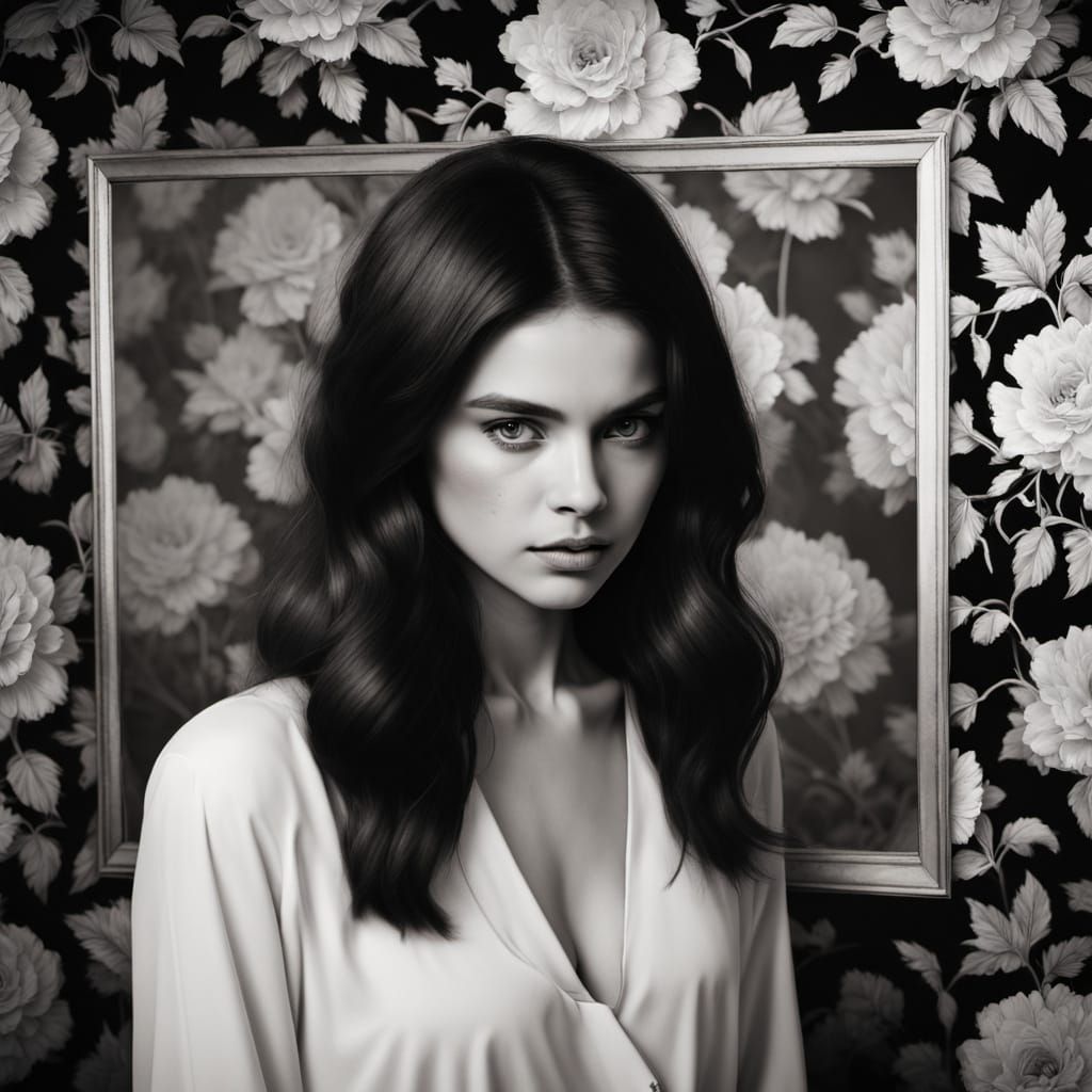 Monochrome Polaroid of Woman Brushing Hair