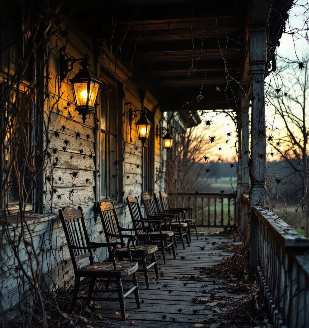 Eerie Decaying Porch with Swarming Black Flies