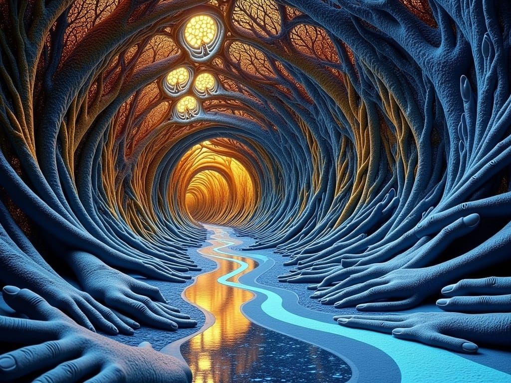 Iridescent Fractal Tunnel with Swirling Patterns