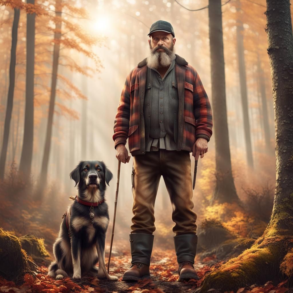 Lumberjack and Dog in Autumn Forest