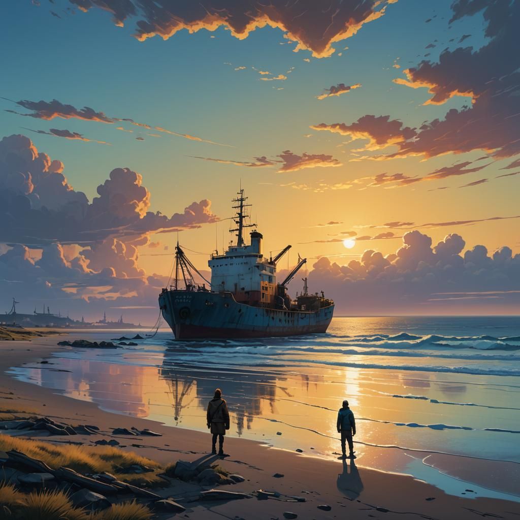 Lone Figure Awaits Ship at Sunset: Fantasy Concept Art