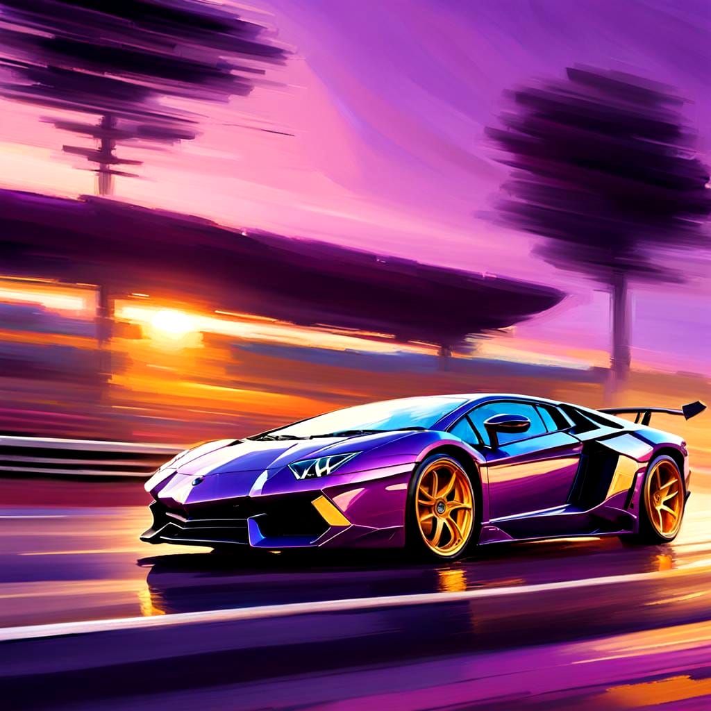 Purple Lamborghini Aventador Races in Expressionist Oil Pain...