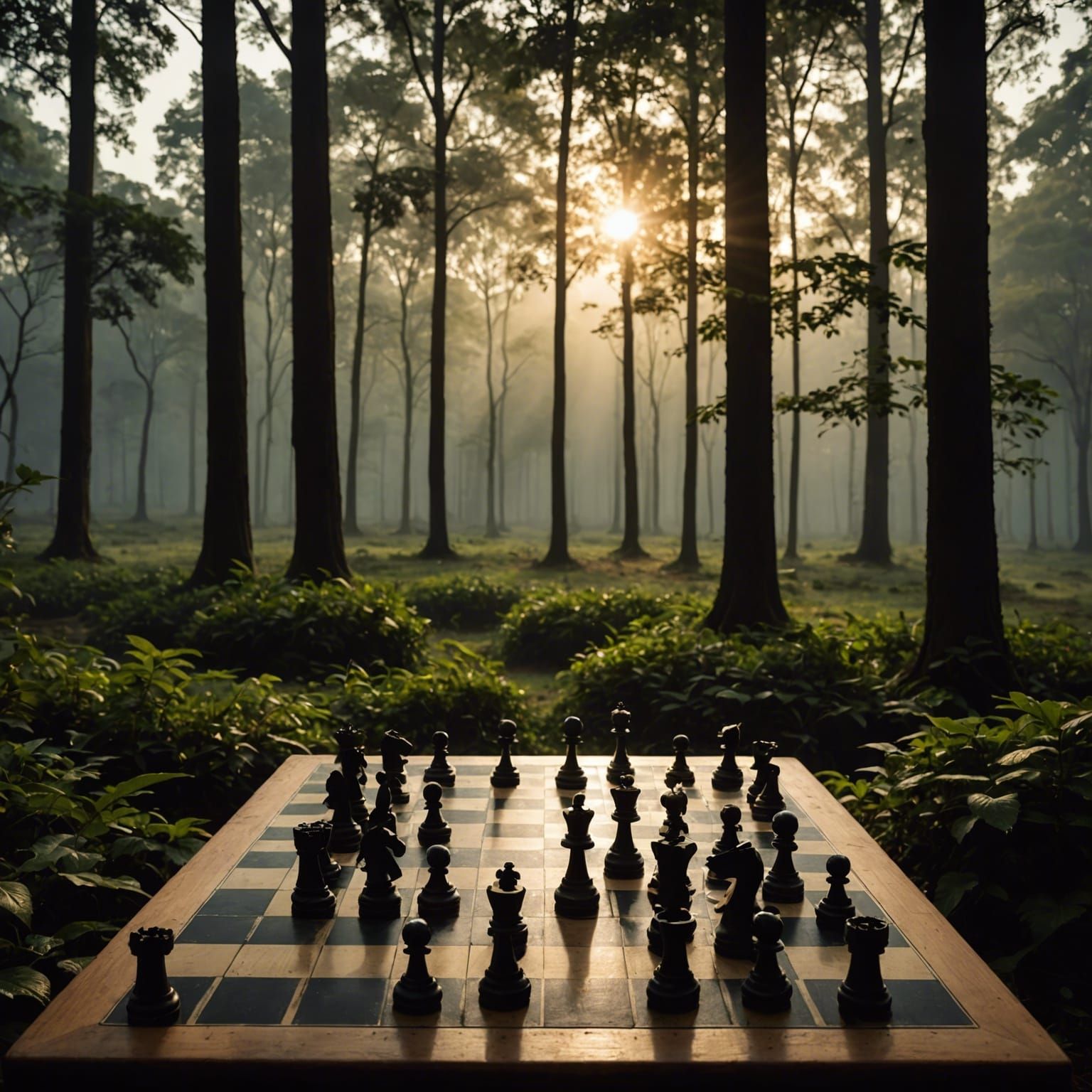 Eerie Chessboard in Misty Forest at Dusk