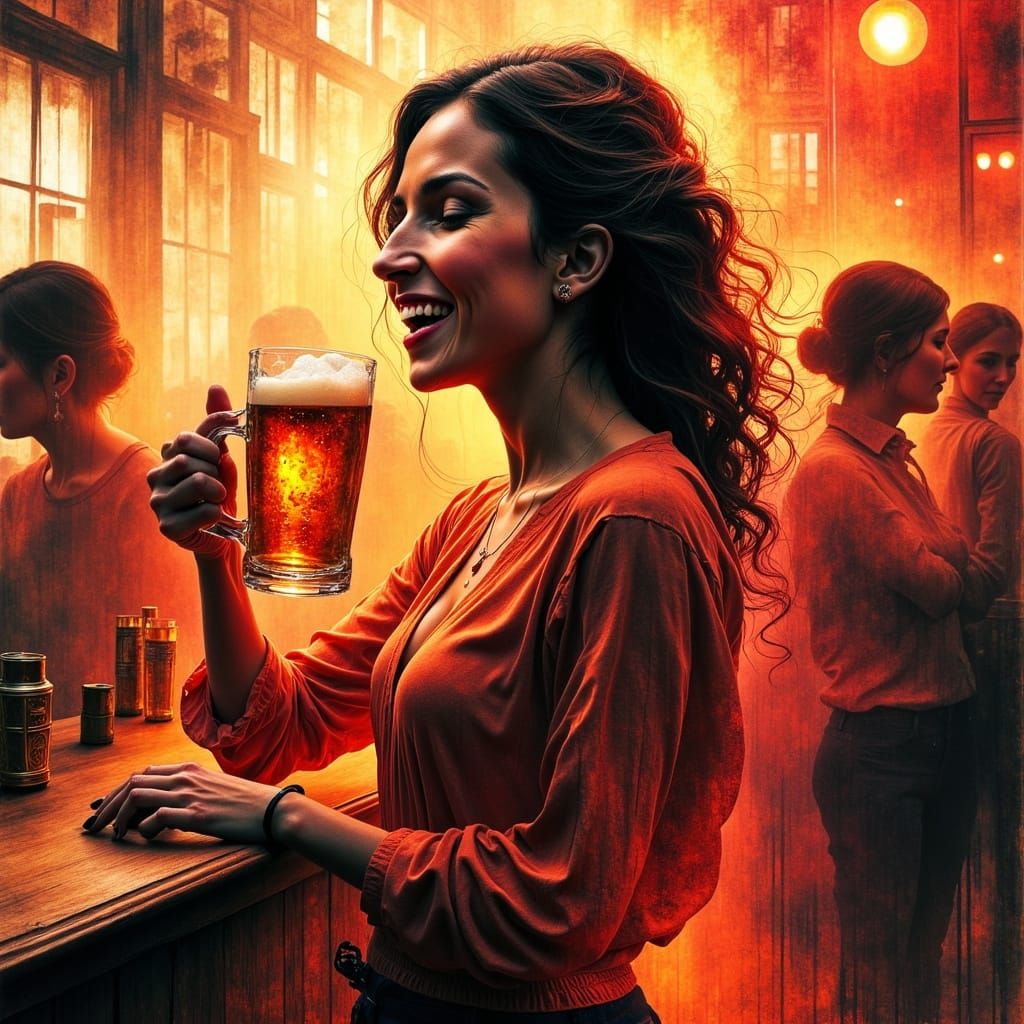 Woman Dancing at Festive Pub in Monotype Style