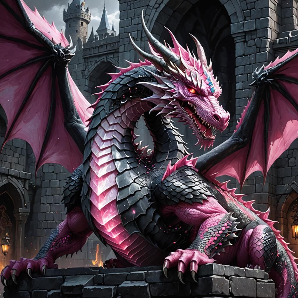 Pink Dragon Chained in Ancient Stone Structure