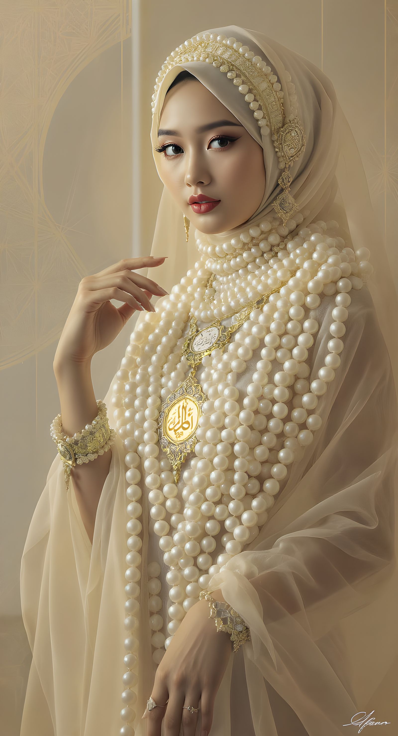 Elegant Hijab Fashion with Pearl Adornments and Arabic Jewel...