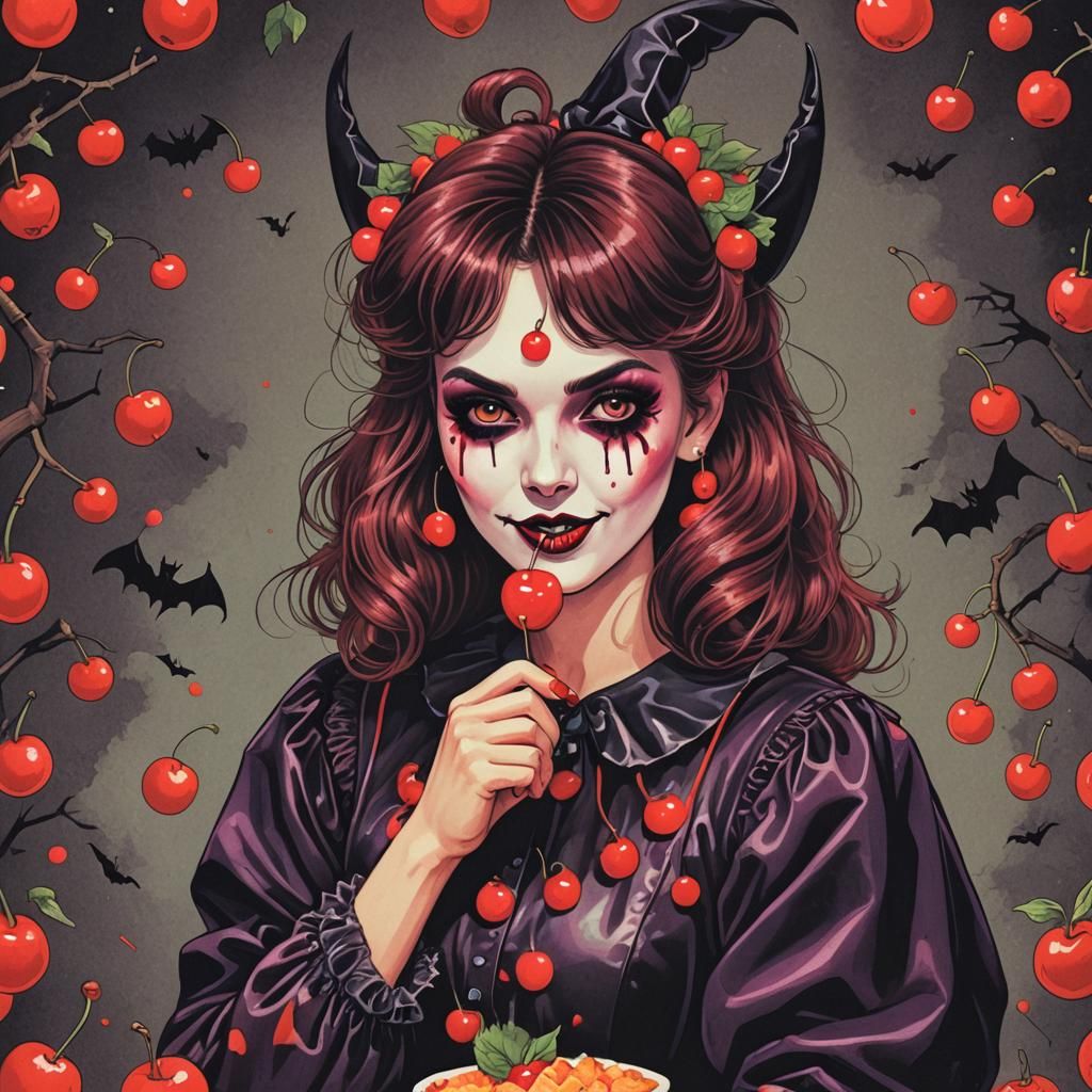 80's Halloween Illustration: Girl with Cherry