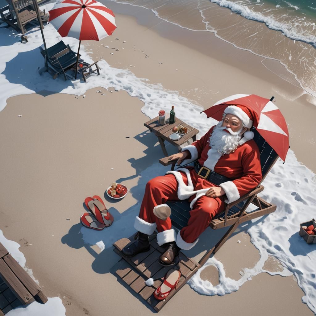 Santa Claus on Snowy Beach: 3D Anime Art