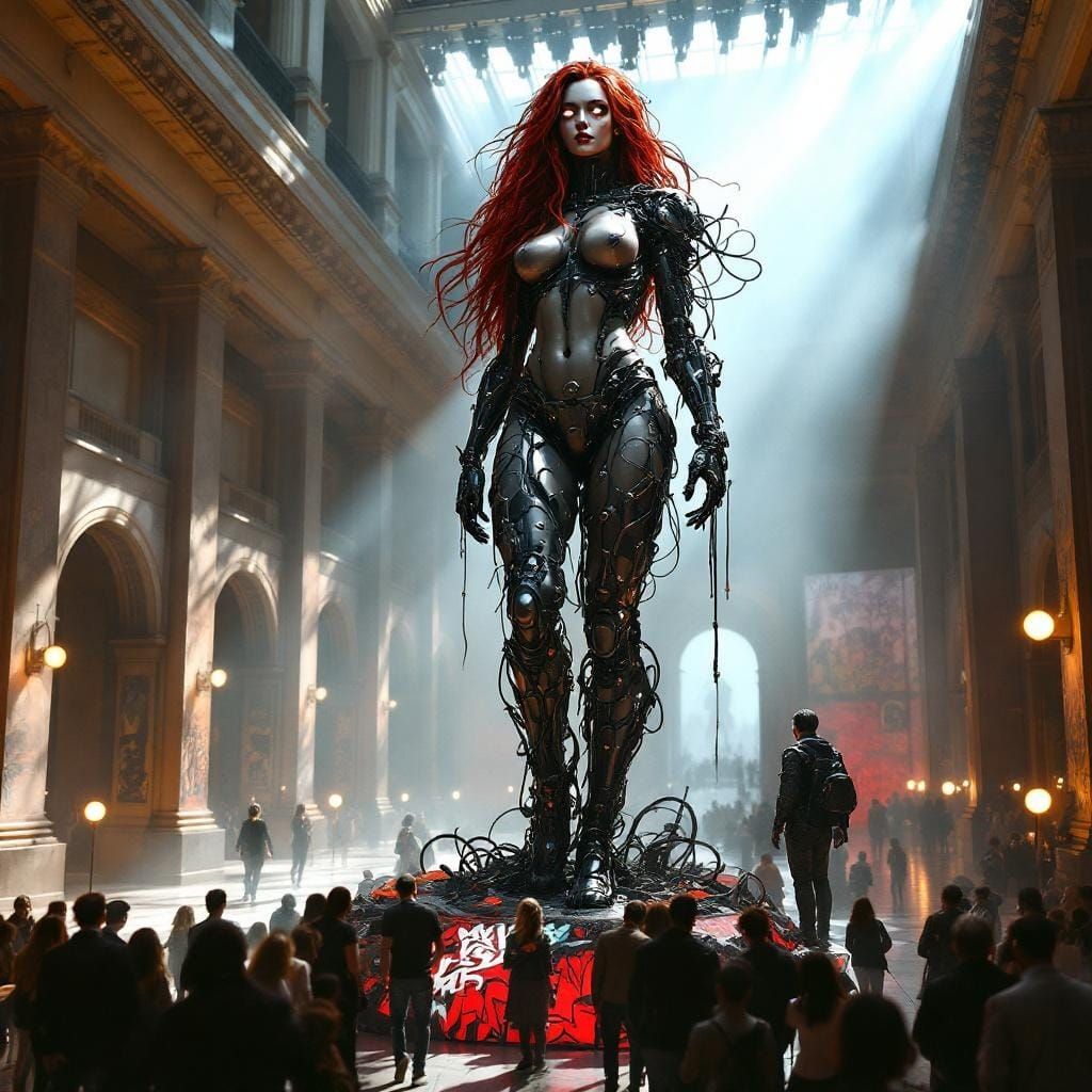 In a grand museum, a spotlight illuminates a colossal statue...