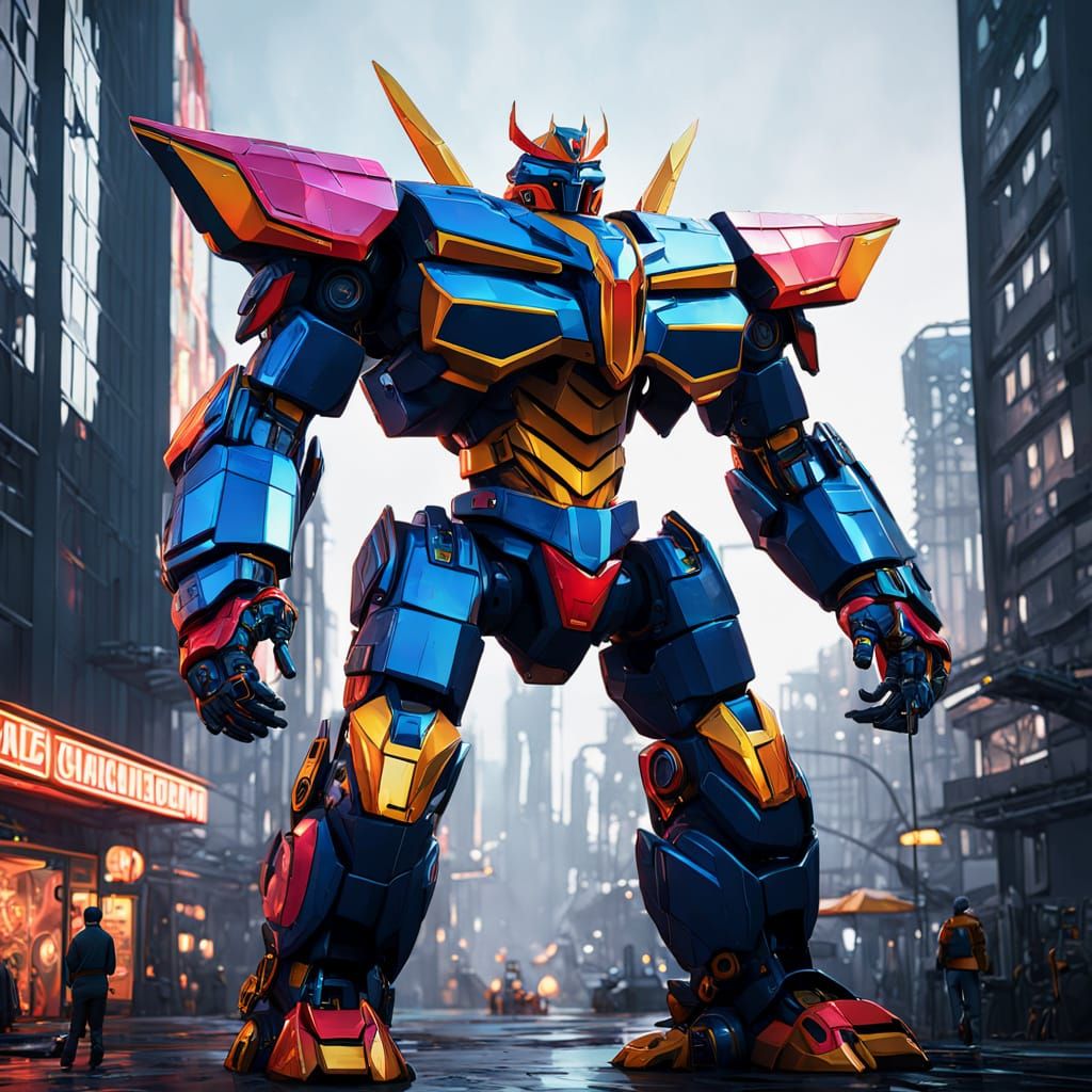 Cyberpunk Megazord Towers Over Dystopian Cityscape