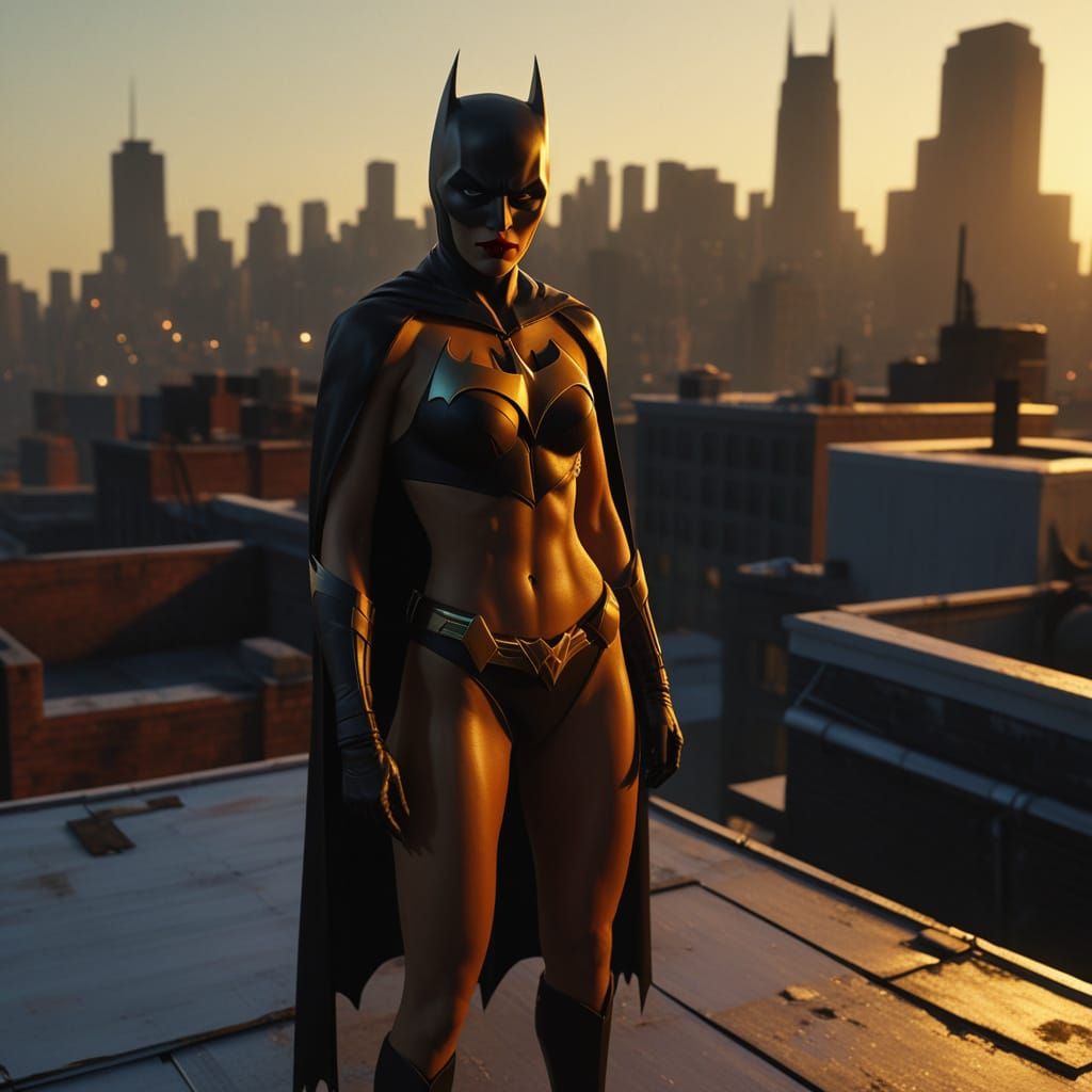 Batwoman on Gotham Rooftop in Vibrant Oil Painting