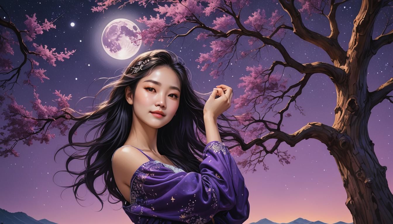 Korean Girl Under Starry Night Sky