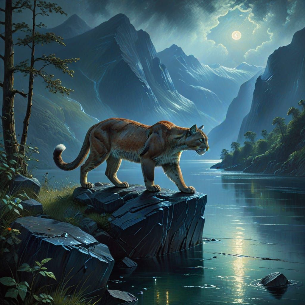 John Constable. textured. close up. serene. a puma walking the edge of a sapphire fjord at night, water shimmering like ...