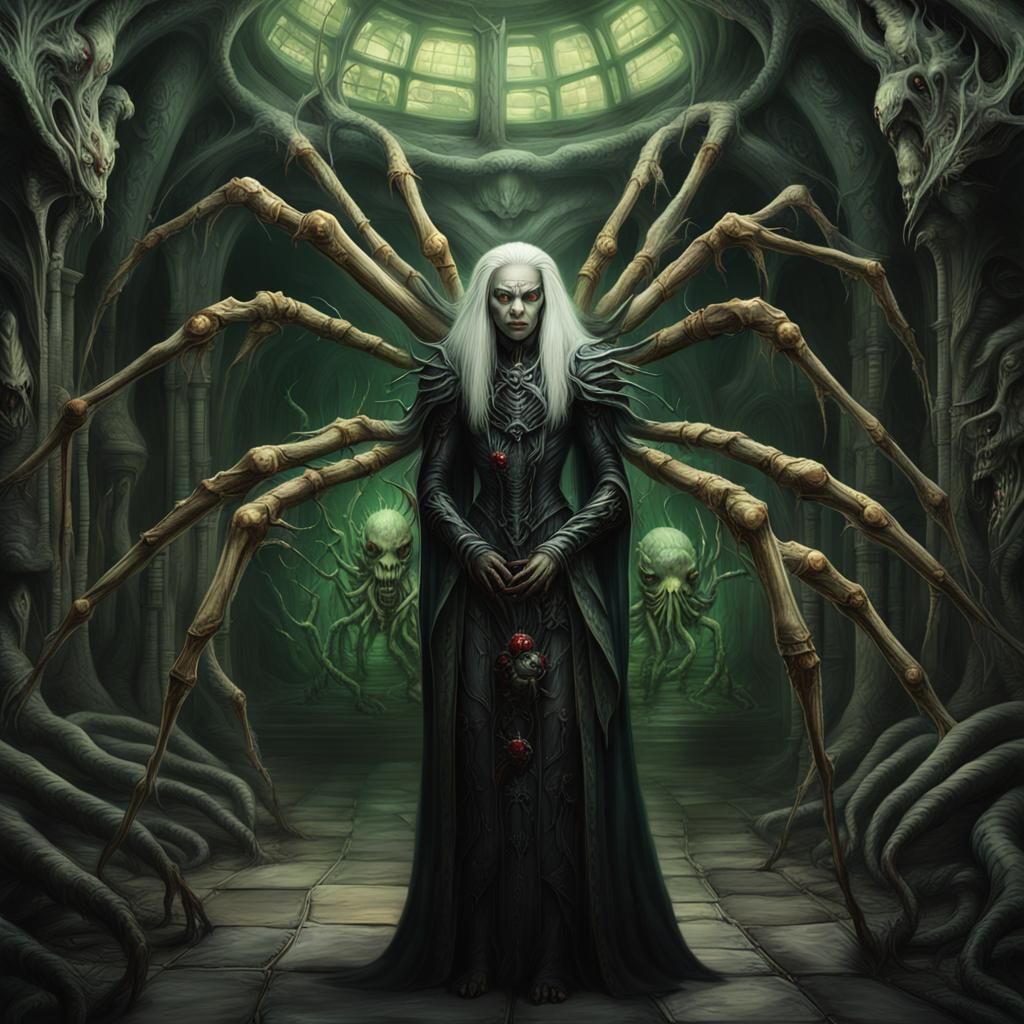 Drow Queen in Giger-Inspired Biomechanical Lair