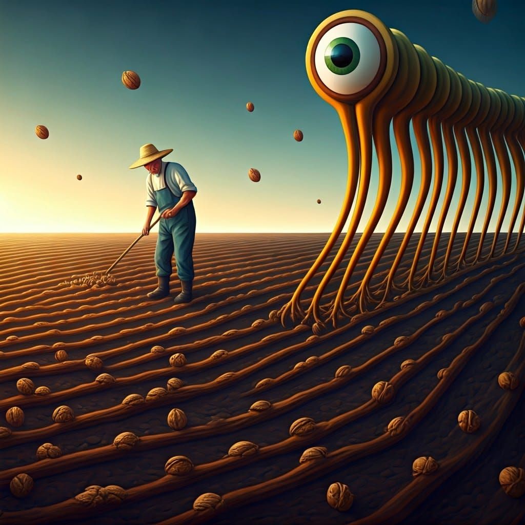 Cubist Farmer Sows Seeds of Souls in Vibrant Landscape