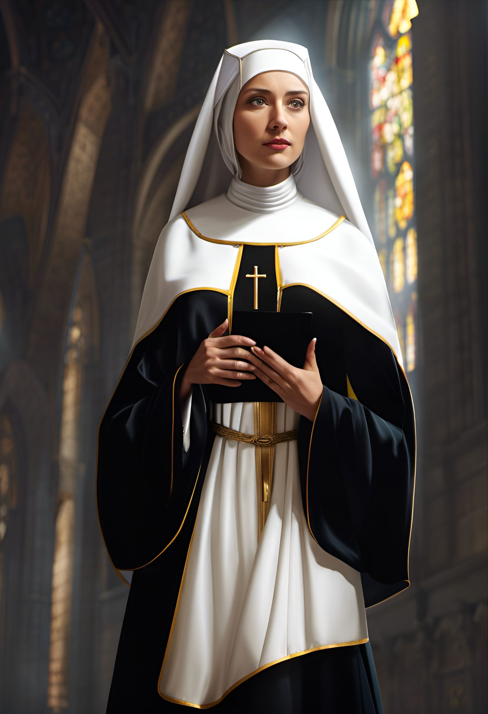 Beautiful Nun in Ornate Cathedral with Sun Rays