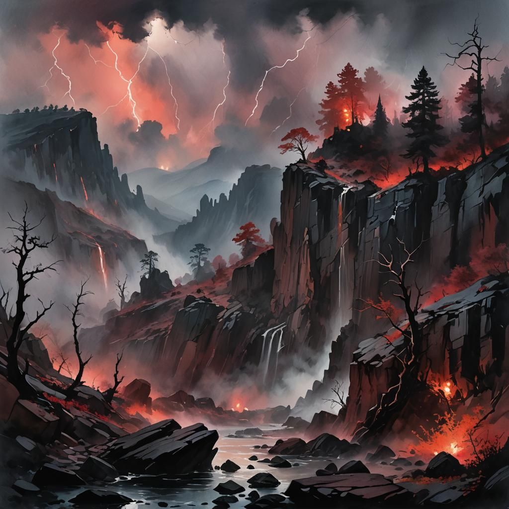 Ominous Landscape with Red Cliffs in Impressionist Style