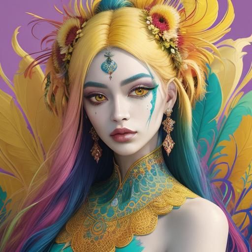 Dragon Peacock Woman Portrait in Abstract Expressionism