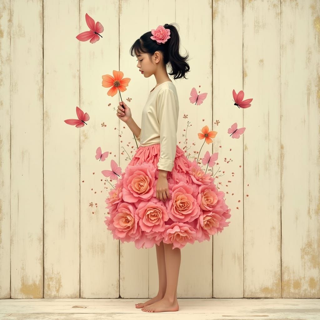 Woman with Flower Skirt in Dreamlike Style